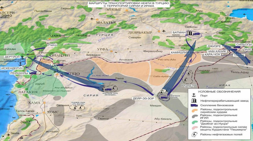 Mapa trazando la ruta del petróleo que viene de fuente terroristas