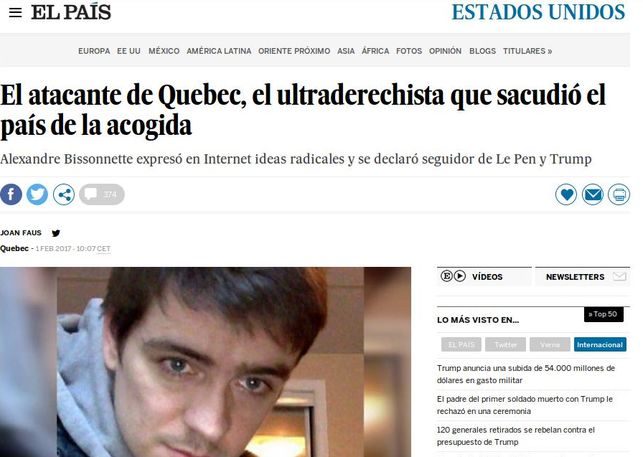 Noticia de El País sobre el atacante de Quebec. 