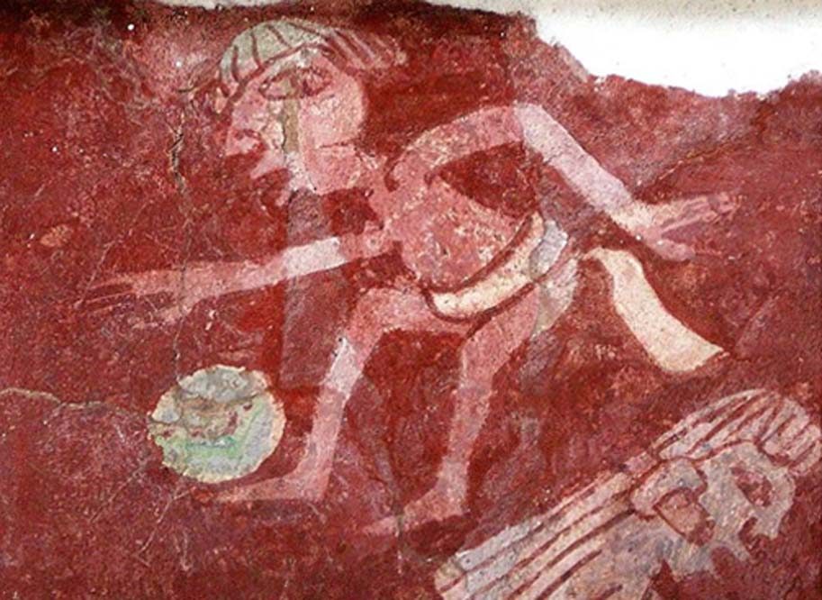Detalle de reproducción de una pintura mural del complejo Tepantitla de Teotihuacán en la que aparece un jugador de pelota 
