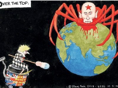 Una viñeta del diario británico «The Guardian», como un cartel nazi de los años 1940, representa a Rusia como una araña sangrienta, con la cabeza de Putin, que se apodera del mundo.
