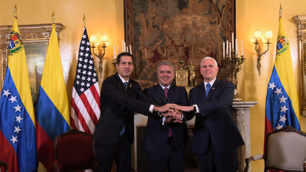 Juan Guaido pictured with Colombian President Ivan Duque and US Vice President Mike Pence at a meeting of the anti-Maduro Lima Group