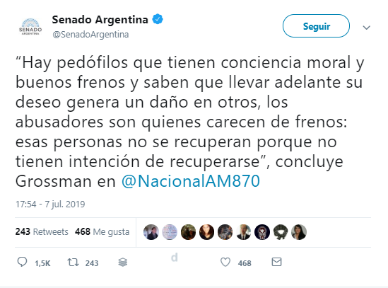 Patológico: Senado Argentino defiende la pedofilia en Twitter 