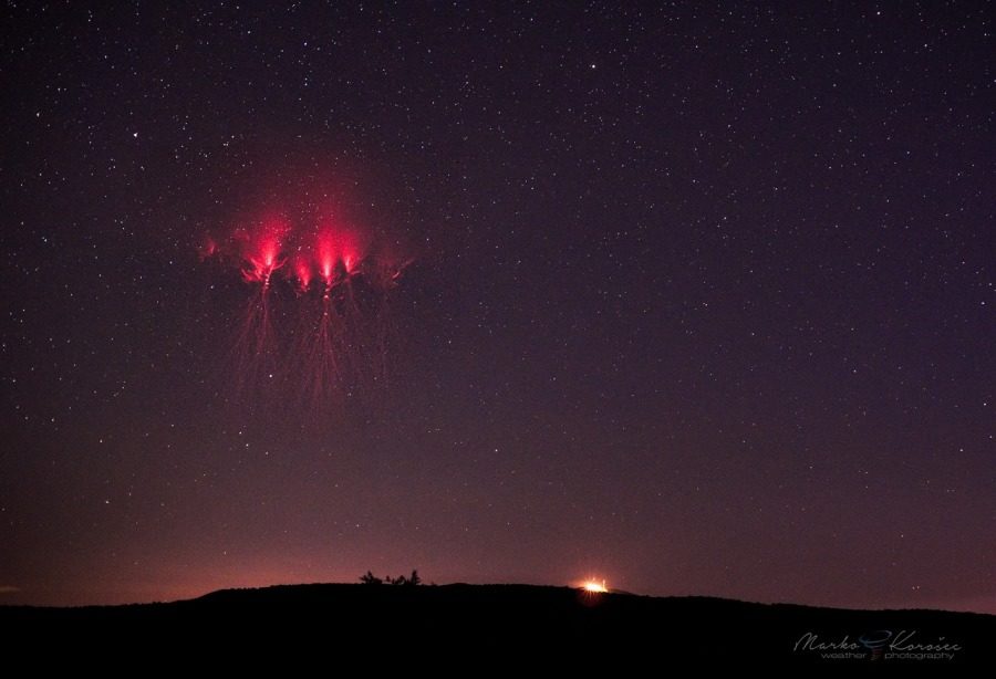 Red sprites above a mesoscale convective system in Hungary, as seen from western Slovenia. July 31, 2019.
