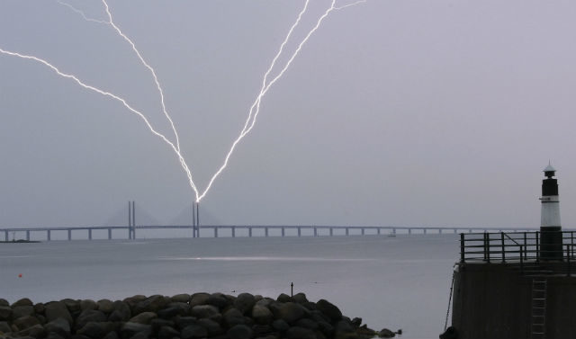 Lightning strikes the Öresund Bridge on June 15 this year.