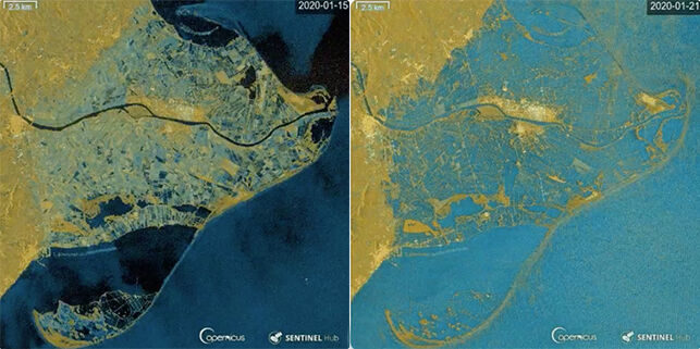 Imágen del satélite Sentinel 1 los días 15 y 21, antes y durante el temporal
