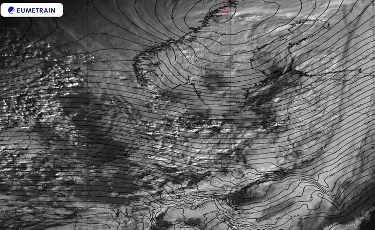 Imagen visible del 10 de febrero de 2020 a las 09 UTC con la borrasca Ciara en Escandinavia, junto con el fuerte temporal atlántico en Europa occidental y central. Eumetrain