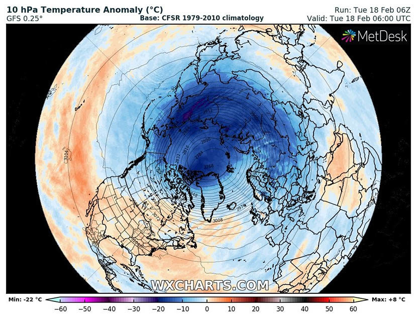 Anomalías de temperatura (ºC) al nivel de 10 hPa (Estratosfera) respecto a la climatología del modelo 1979-2010. Análisis del modelo meteorológico americano GFS / NCEP, 18 de febrero de 2020, 06 UTC.