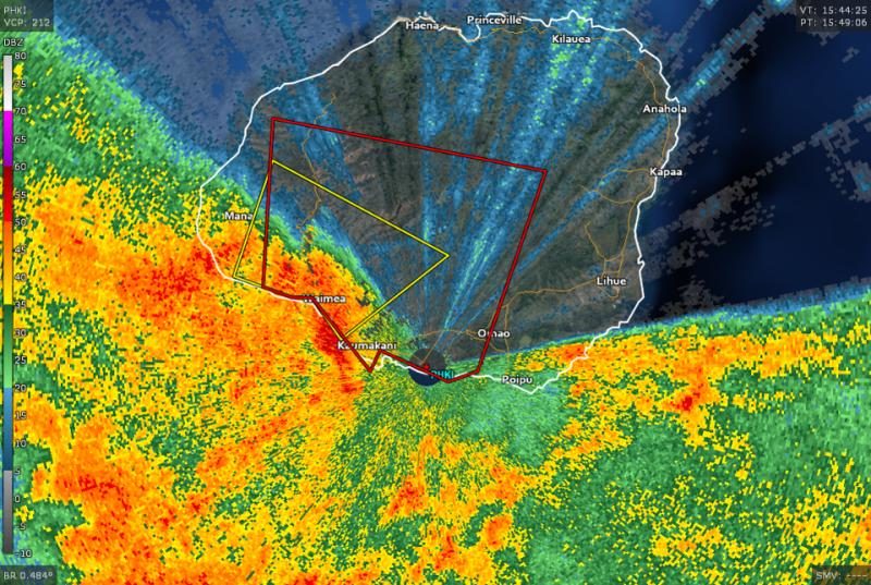 A radar image showing a tornado-warned storm moving into Kauai, HI