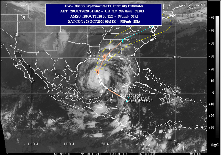 Imagen infrarroja del huracán Zeta para el 28 de octubre de 2020 a las 04:30 UTC. CIMSS
