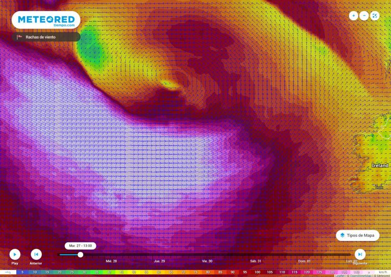 Rachas de viento estimadas por el modelo del ECMWF, superiores a los 150 kilómetros por hora.