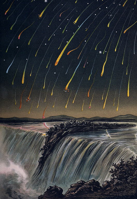 Meteoros de las Leónidas de 1833 cayendo sobre una cascada.