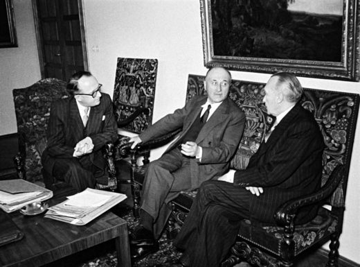 Walter Hallstein, Jean Monnet y Konrad Adenauer, 5 de abril de 1951