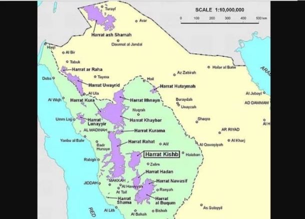 Mapa de las diferentes regiones volcánicas Harrat en Arabia.