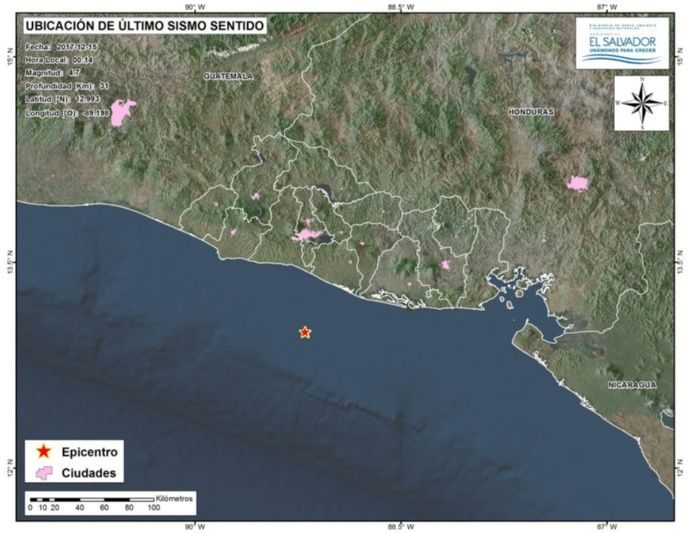 Epicentro del sismo frente a la costa de La Paz. Imagen cortesía/MARN