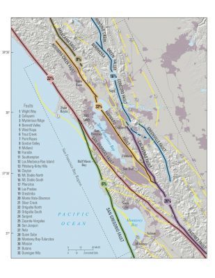 Esta imagen muestra las fallas que atraviesan en la costa oeste de California, principalmente en la Bahía de San Francisco. La de Hayward marcada en anaranjado.