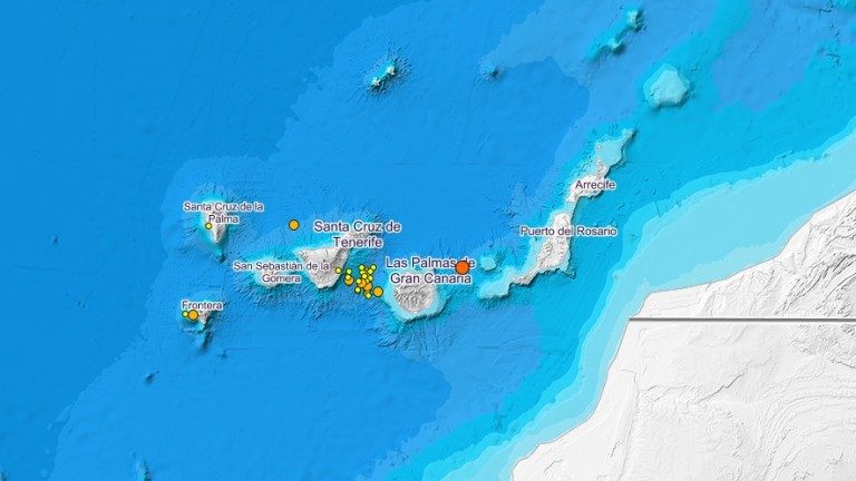 Mapa de terremotos del ING de los últimos 10 días en Canarias.
