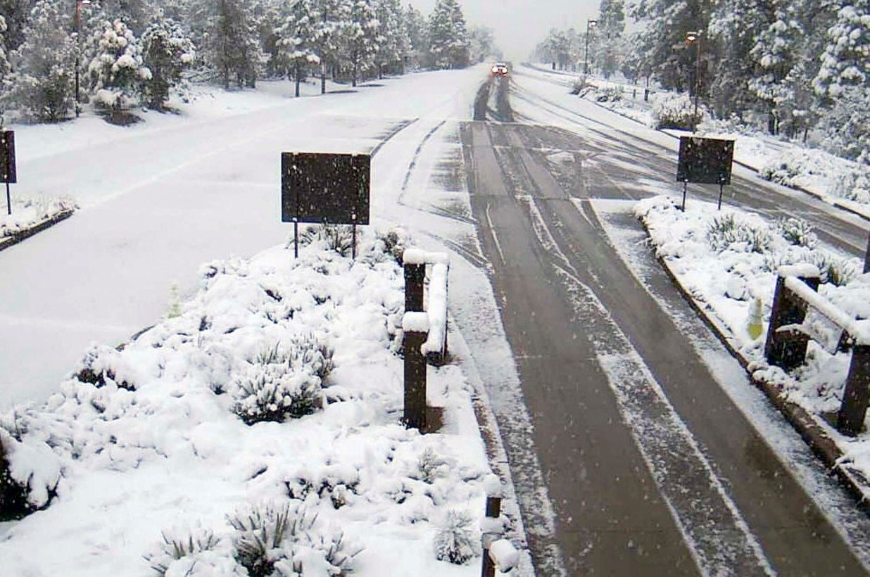 A remote camera at the south gate entrance at the Grand Canyon National Park, Ariz., shows a fresh dusting of snow.