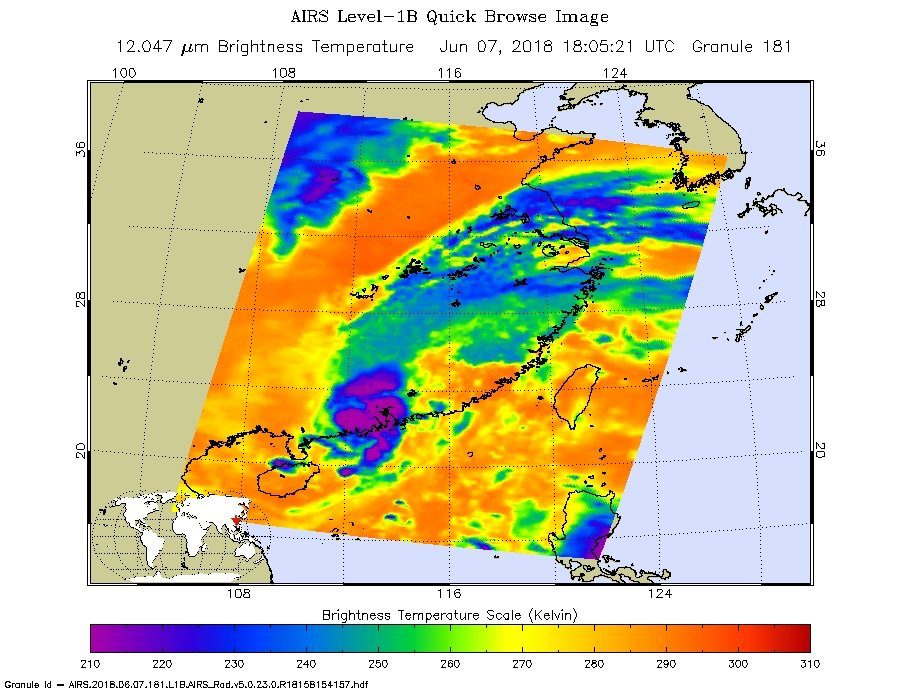 NASA’s Aqua satellite passed over Tropical Depression Ewiniar on June 7 at 2:05 p.m. EDT (1805 UTC) and saw coldest cloud top temperatures (purple) around the center of circulation in a small area on the southeastern China coast.