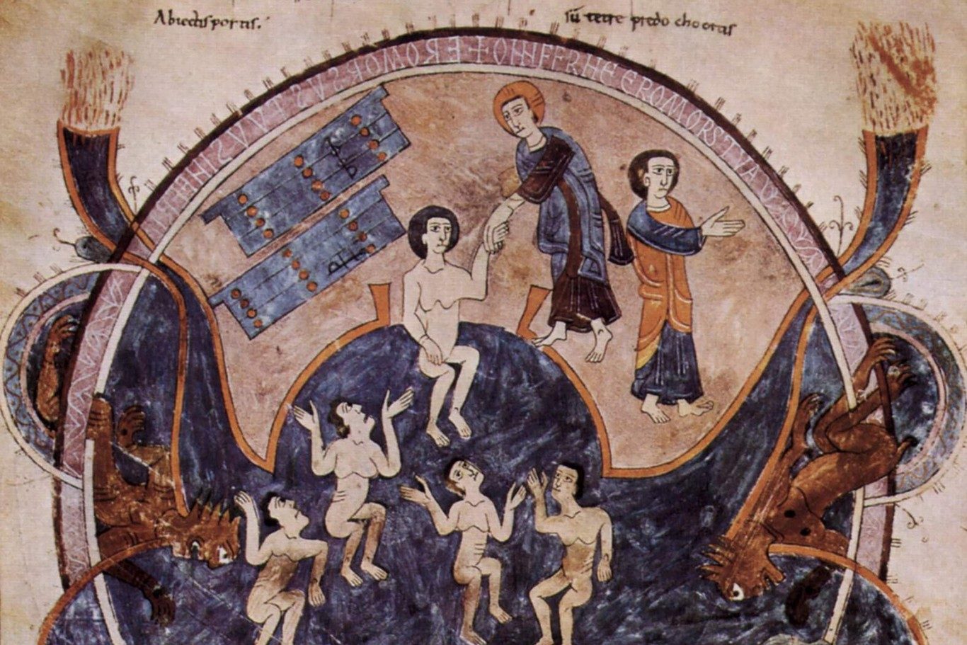 Fragmento de una escena del Apocalipsis del Gerona Beatus, un manuscrito español del siglo X pintado por Ende, una iluminadora de manuscritos femeninos. Este es el primer uso certificado de lapislázuli por una mujer pintora.