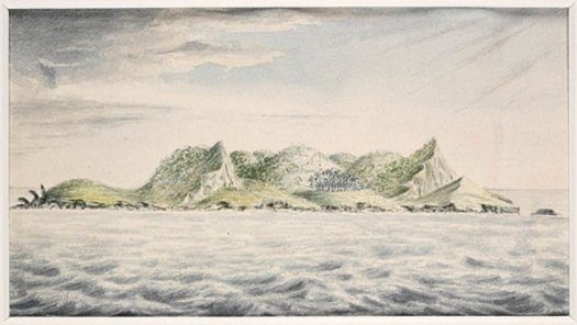 Vista de la isla de Pitcairn, mares del Sur, 1814, J. Shillibeer, Biblioteca del Estado de Nueva Gales del Sur.