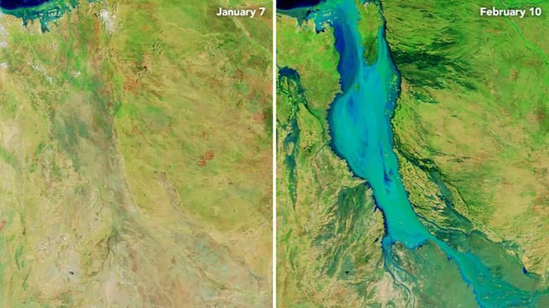 Imágenes de satélite muestran el efecto de las fuertes inundaciones en Australia en 2019.