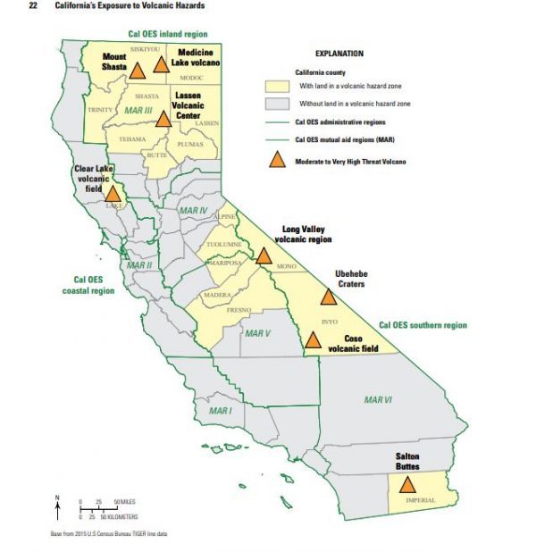 Áreas en California que podrían ser directamente afectadas por los volcanes.