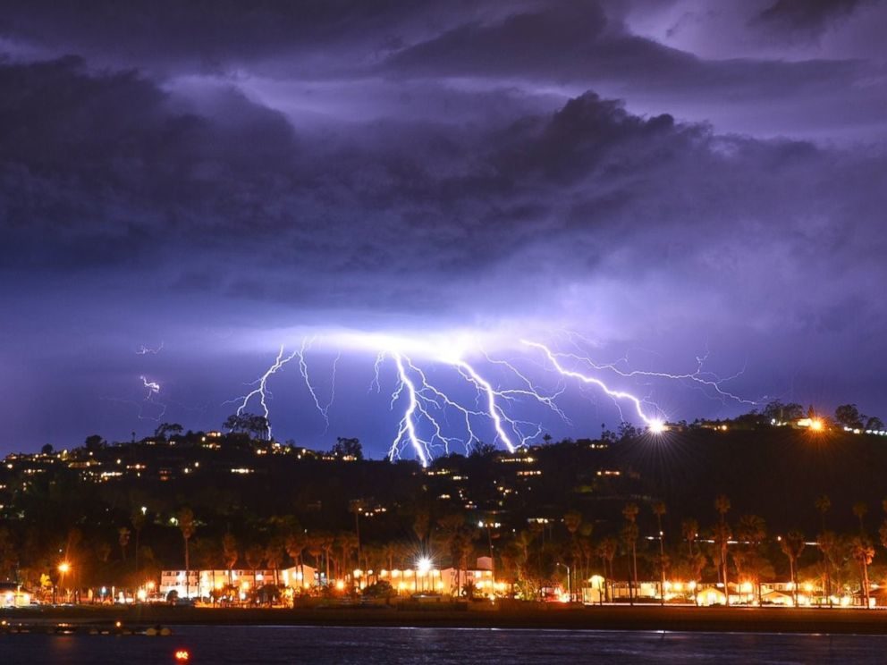 Lightning strikes light up the sky above Stearns Wharf in Santa Barbara, California