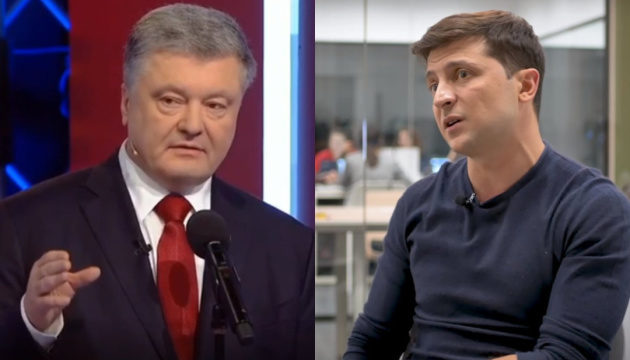 El actual presidente de Ucrania, Petro Poroshenko, y su oponente electoral Volodymyr Zelenskiy, un cómico sin experiencia política y favorito en todos los sondeos.