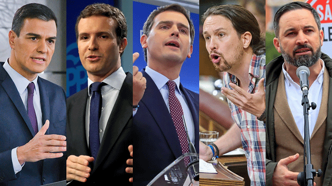 De izquierda a derecha, Pedro Sánchez, presidente del Gobierno y secretario general del PSOE; Pablo Casado, líder del PP; Albert Rivera, presidente de Cs; Pablo Iglesias, secretario general de Podemos; y Santiago Abascal, líder de Vox.