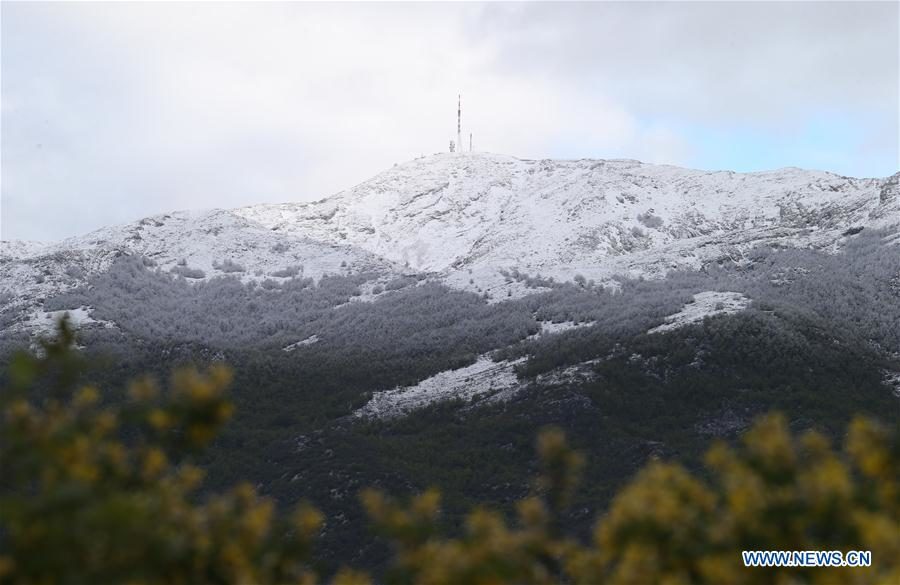 Photo taken on May 6, 2019 shows snow-covered Biokovo Mountain by the Adriatic coast near Zagvozd, Croatia