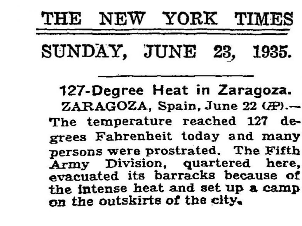 Noticia publicada hace 84 años en el New York Times que habla de una ola de calor especialmente intensa en Zaragoza.