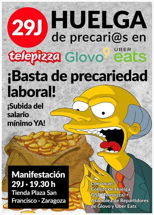 Repartidores de Glovo y Uber se unen a la huelga de Telepizza en Zaragoza, España