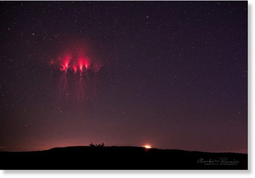 Red sprites above a mesoscale convective system in Hungary, as seen from western Slovenia. July 31, 2019.