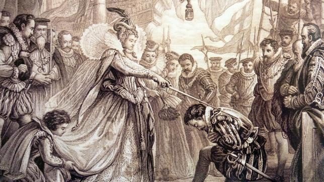 Grabado de la época donde la Reina Isabel I nombra caballero al corsario Francis Drake