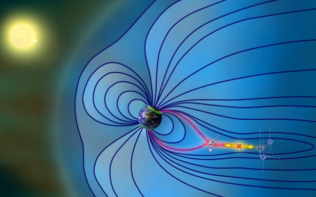 In this diagram of Earth’s magnetosphere, “X” marks the spot of the Dec. 20, 2015, explosion