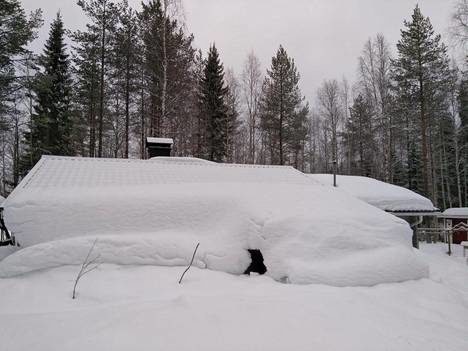 The cabin is hidden behind the snow. Suomussalmi has a lot of snow.