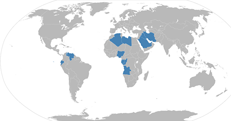: Map of OPEC countries. Blue = member states.