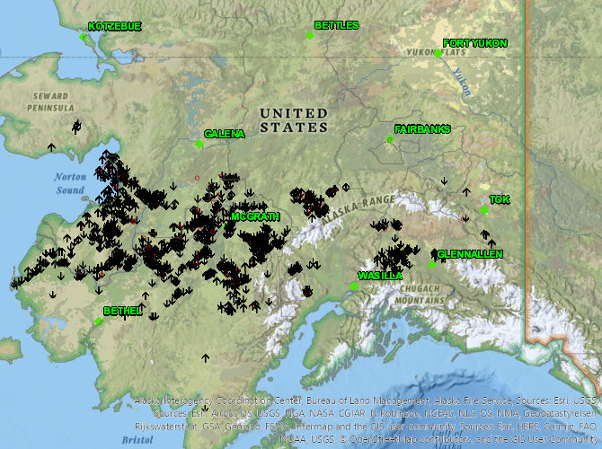 Map of the more than 1,800 lightning strikes throughout Alaska on May 30, 2020.