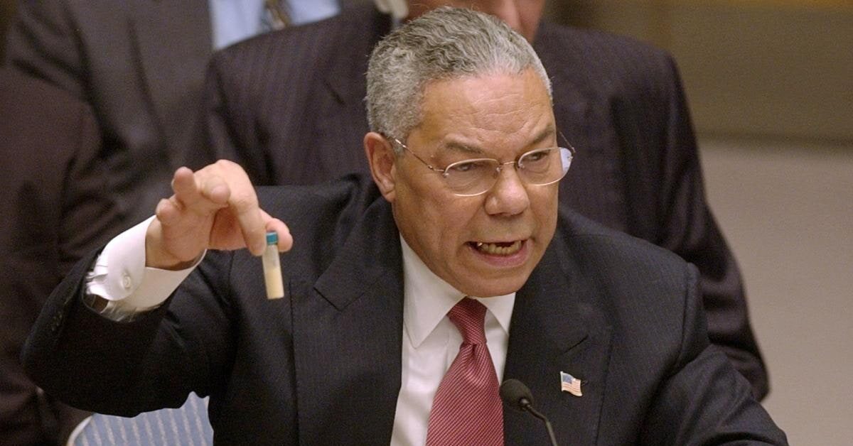 Colin Powell presenting a vial of anthrax at the UN