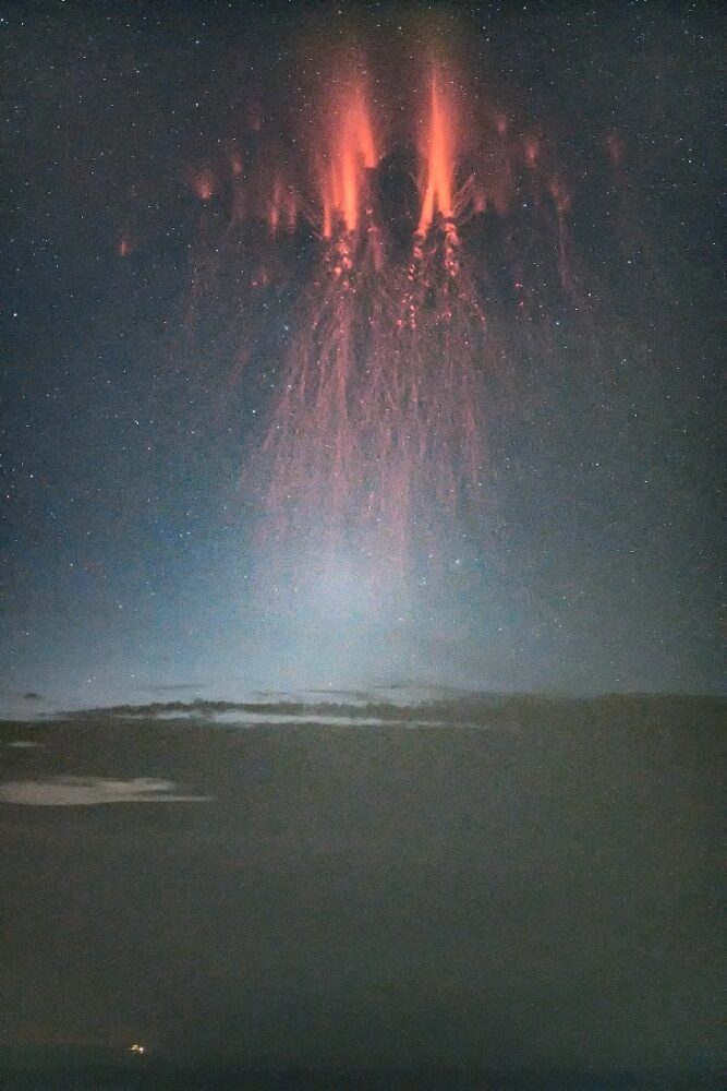 Red jellyfish sprites and green ghosts taken on September 10, 2020 over Corsica