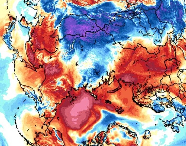 GFS 2m Temp Anomalies. Arctic is center-bottom with Russia located “above”.