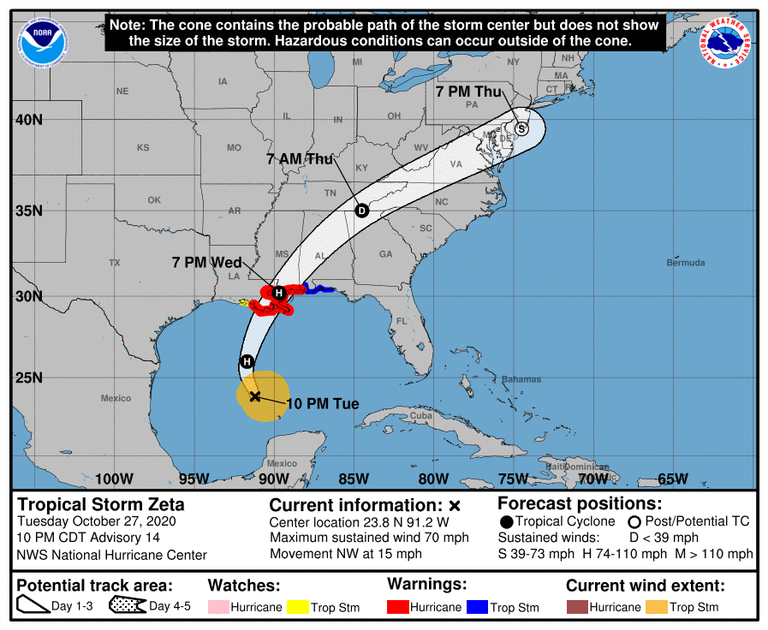 Clic para aumentar Trayectoria prevista de Zeta y cono de incertidumbre. NHC