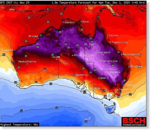 The forecast heat map for the first day of summer with a renewed heatwave across inland eastern Australia