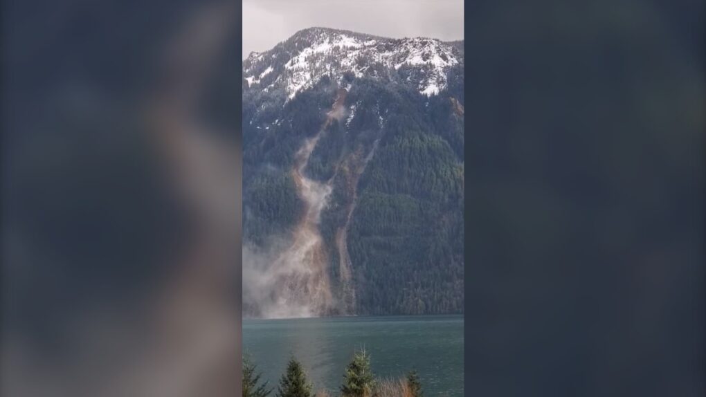 A still photo from a video recorded on Jan. 13, 2021 of a landslide on the east side of Harrison Lake, B.C.