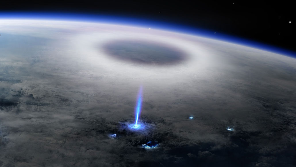 The International Space Station spotted an exotic type of upside-down lightning called a blue jet (illustrated) zipping up from a thundercloud into the stratosphere in 2019.