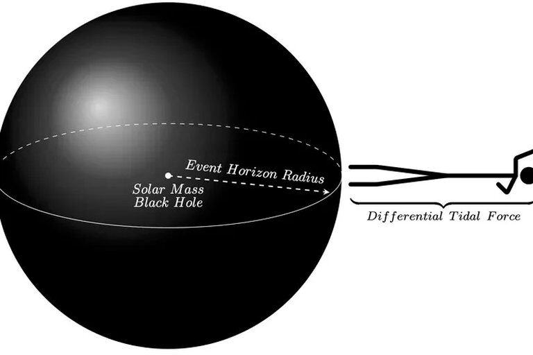 Clic para aumentar Una persona que se acerca al horizonte de sucesos de un agujero negro del tamaño de un sol