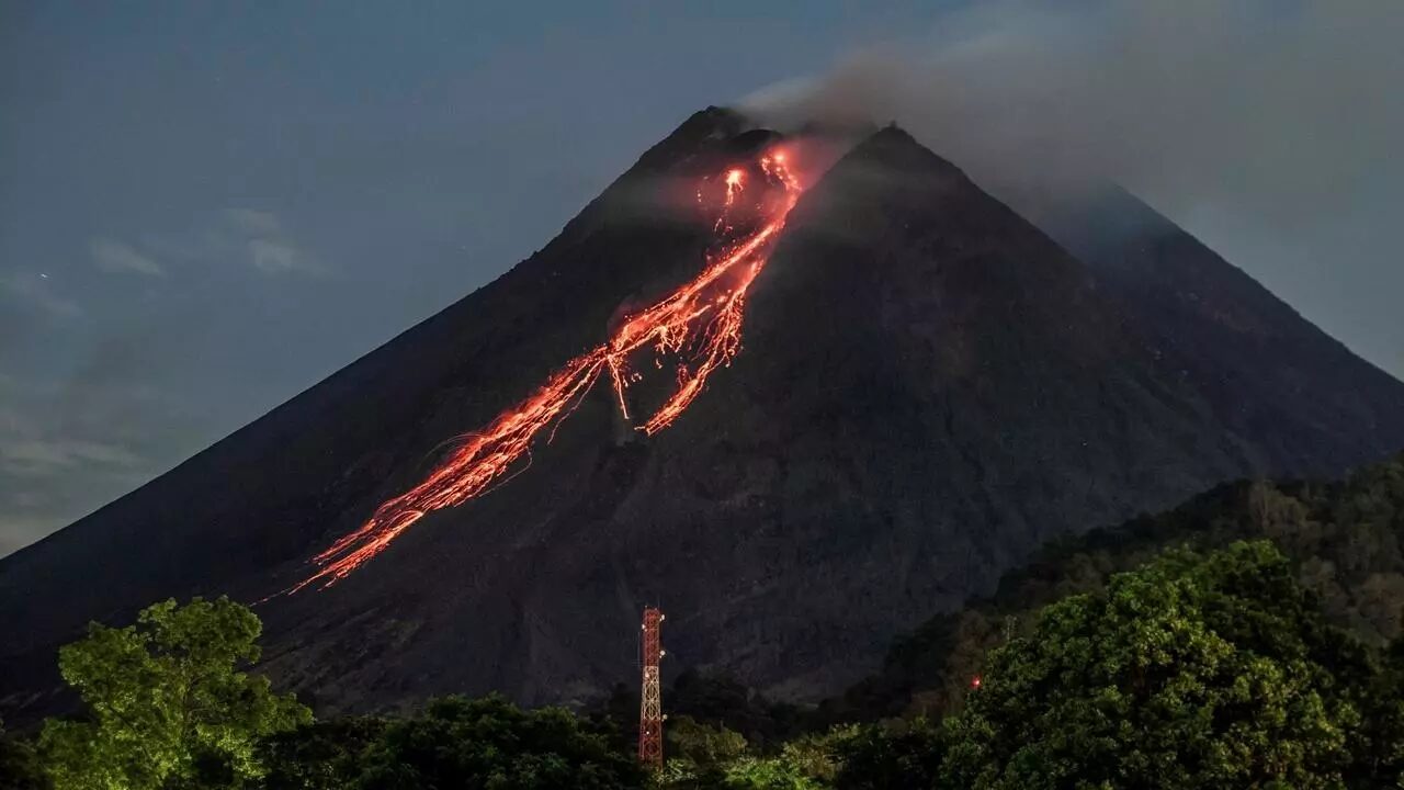 Lava flows down from the crater of Mount Merapi in Yogyakarta, Indonesia