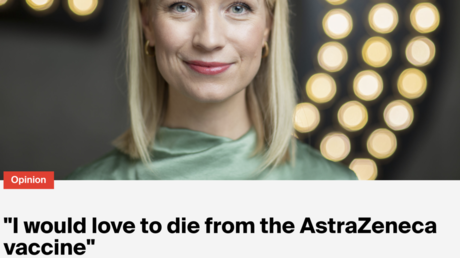 Culto covidiano elitista,Periodista noruega,encantaría morir,vacuna,AstraZeneca,ganar,guerra contra el covid