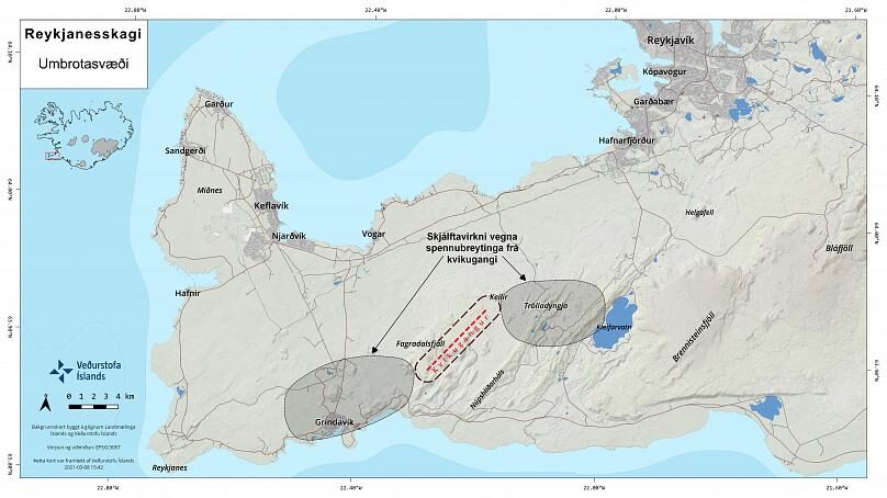a actividad sísmica relacionada con el túnel de magma se ha desplazado unos 5 km. de Nátthaga a Fagradalsfjall, entre Fagradalsfjall y KeilirOficina Meteorológica de Islandia