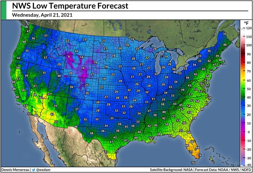 The National Weather Service's forecast low temperatures for the United States on April 21, 2021.